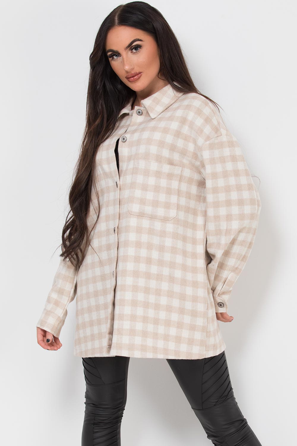 beige check shacket womens