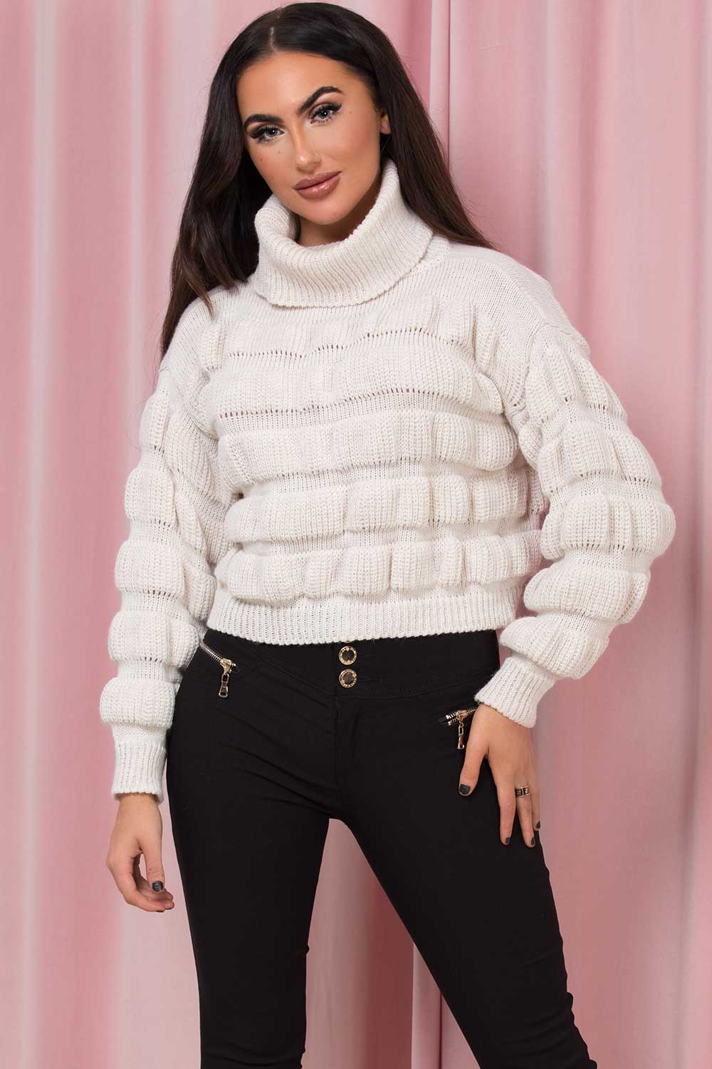 beige roll neck knitted jumper