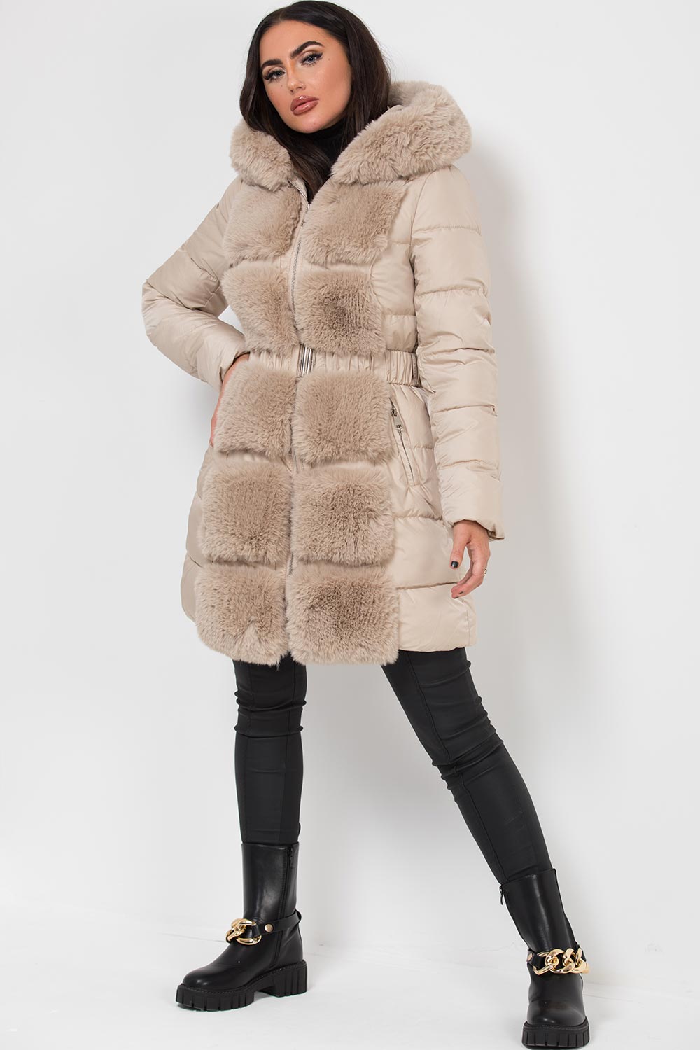 faux fur hood and trim puffer coat with belt beige