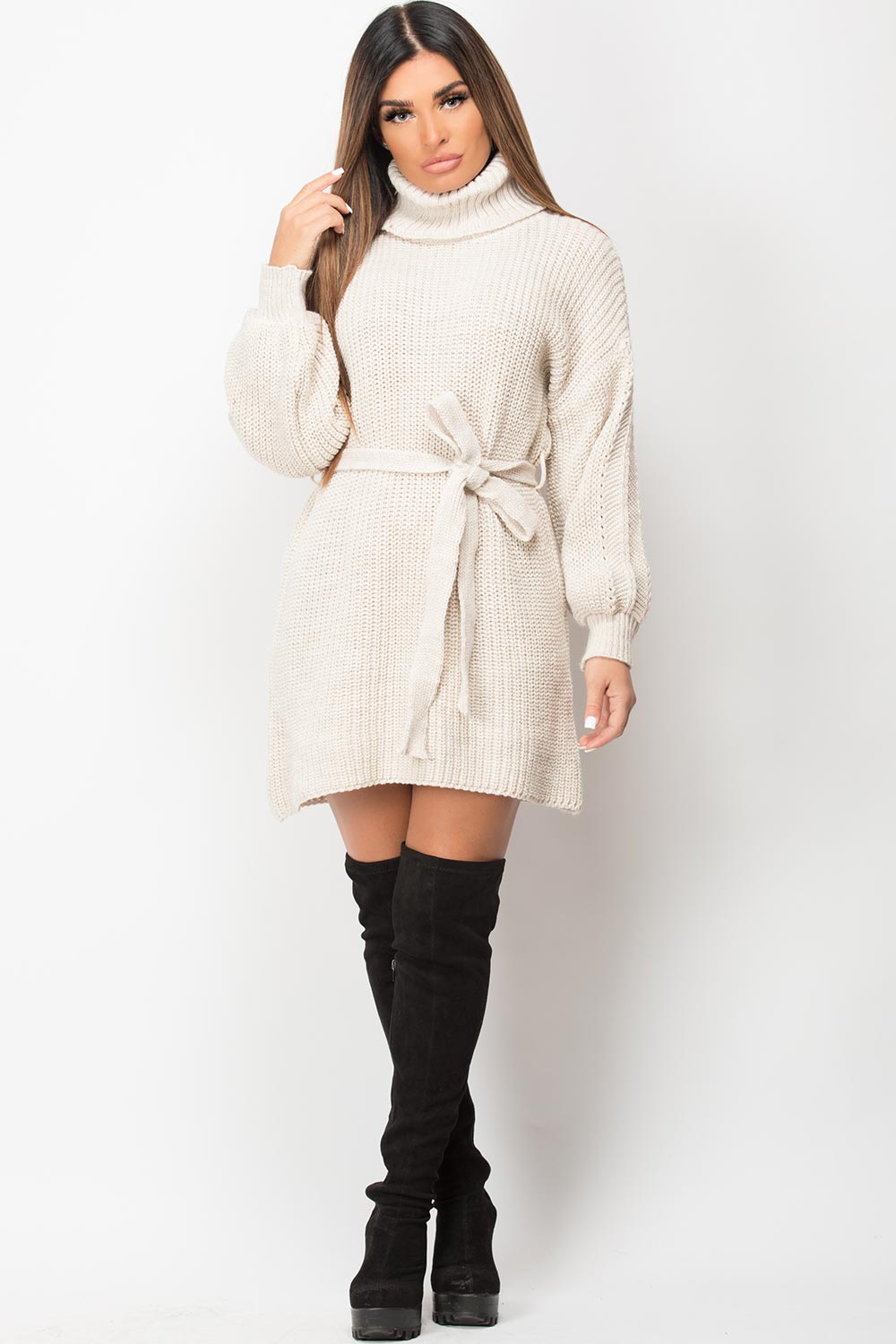 beige oversized cowl neck jumper dress