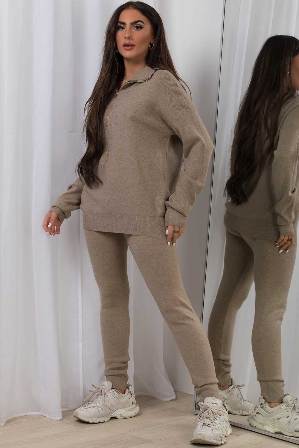 womens knitted half zip jumper and leggings loungewear co ord set sale