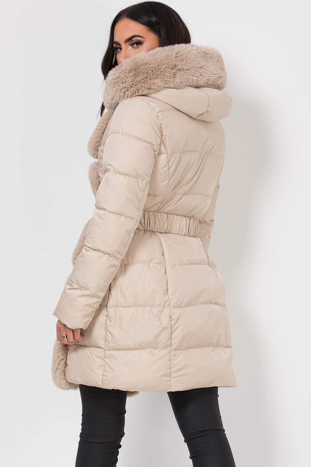 faux fur hood and trim puffer coat beige