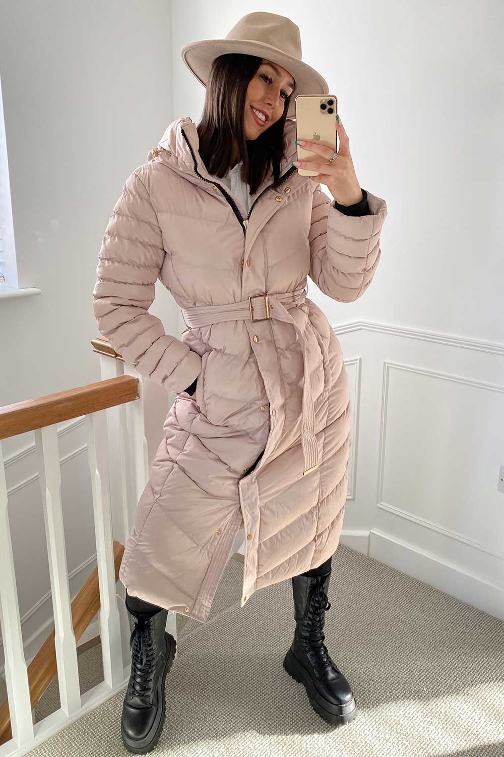 puffer down coat with belt beige