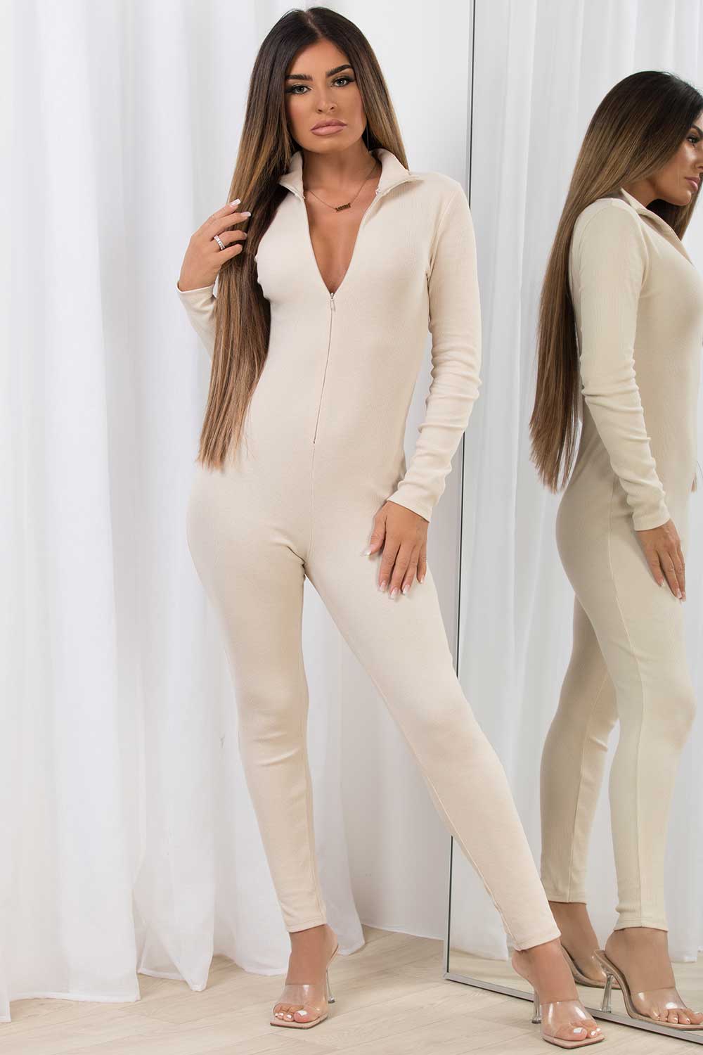 zip front unitard long sleeve rib jumpsuit