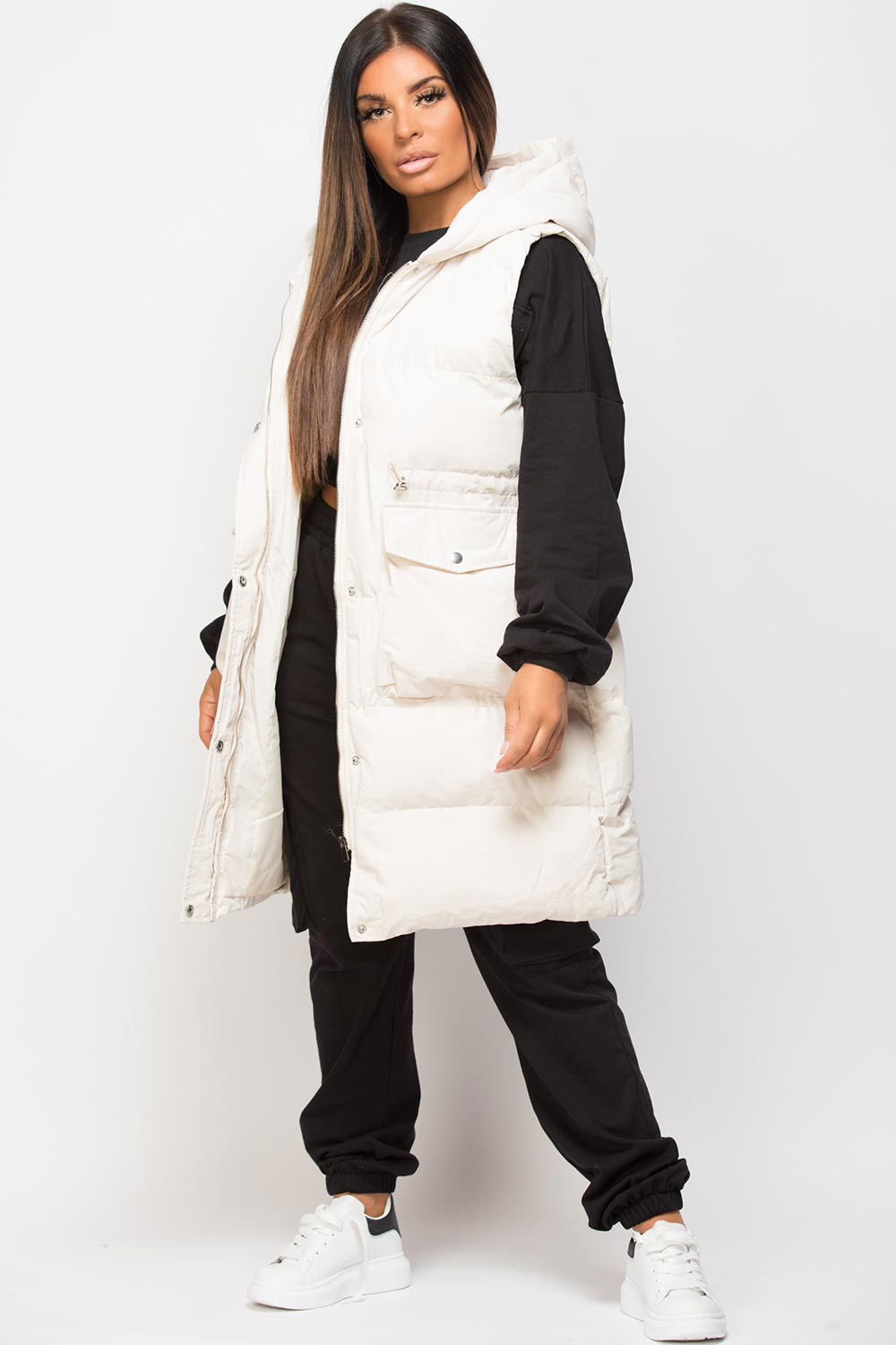 padded hooded puffer gilet beige
