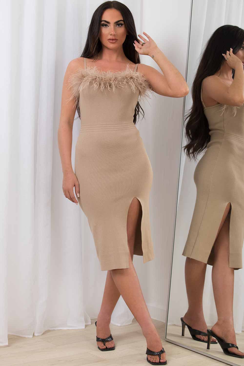feather trim midi bodycon ribbed dress sale uk