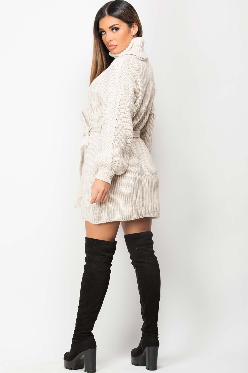 beige cowl neck jumper dress