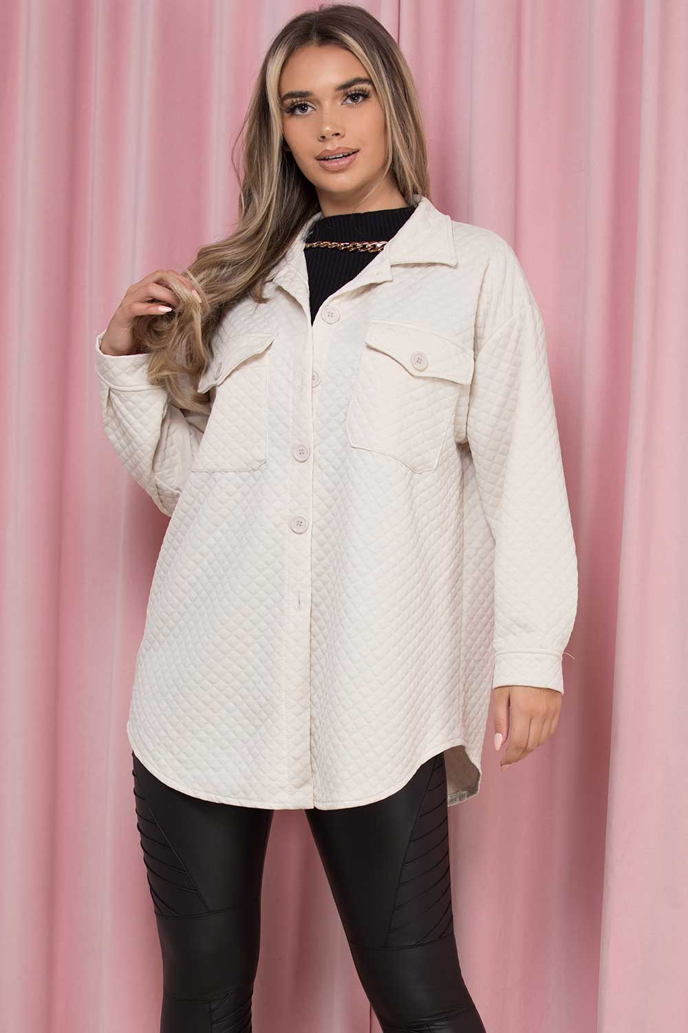 beige quilted shacket trucker jacket