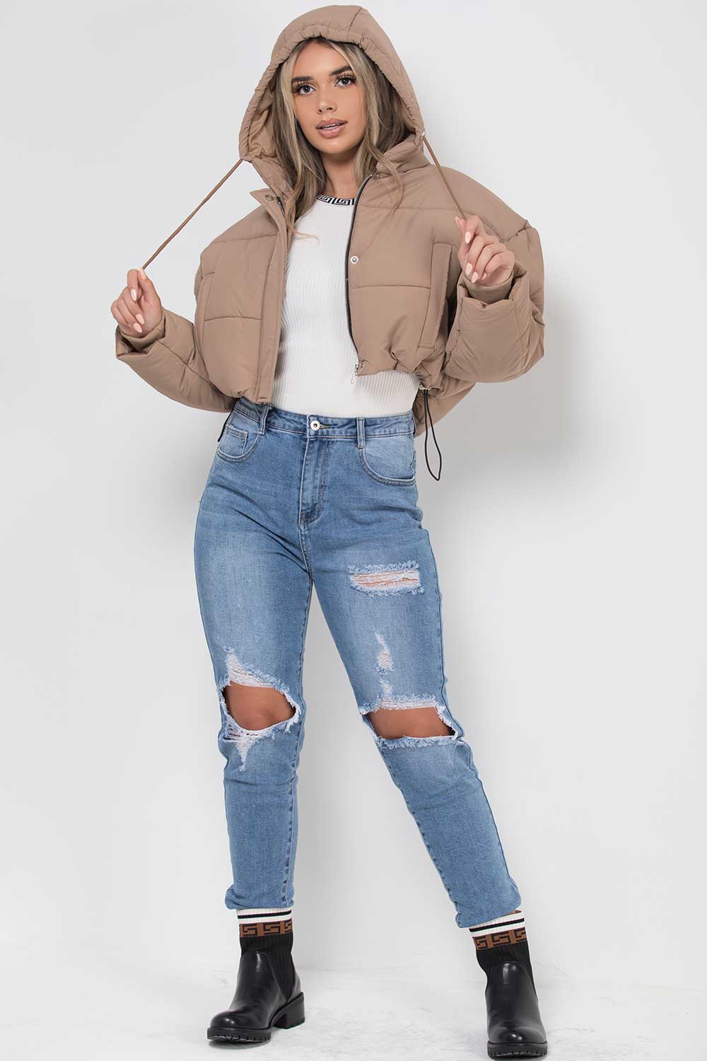 crop puffer coat with hood