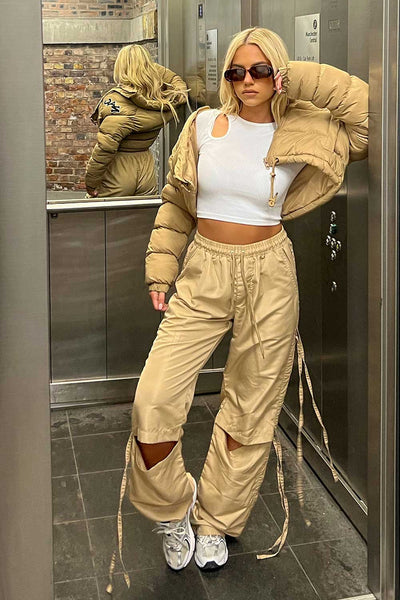 Women's Parachute Cargo Pants With Knee Split Detail Beige