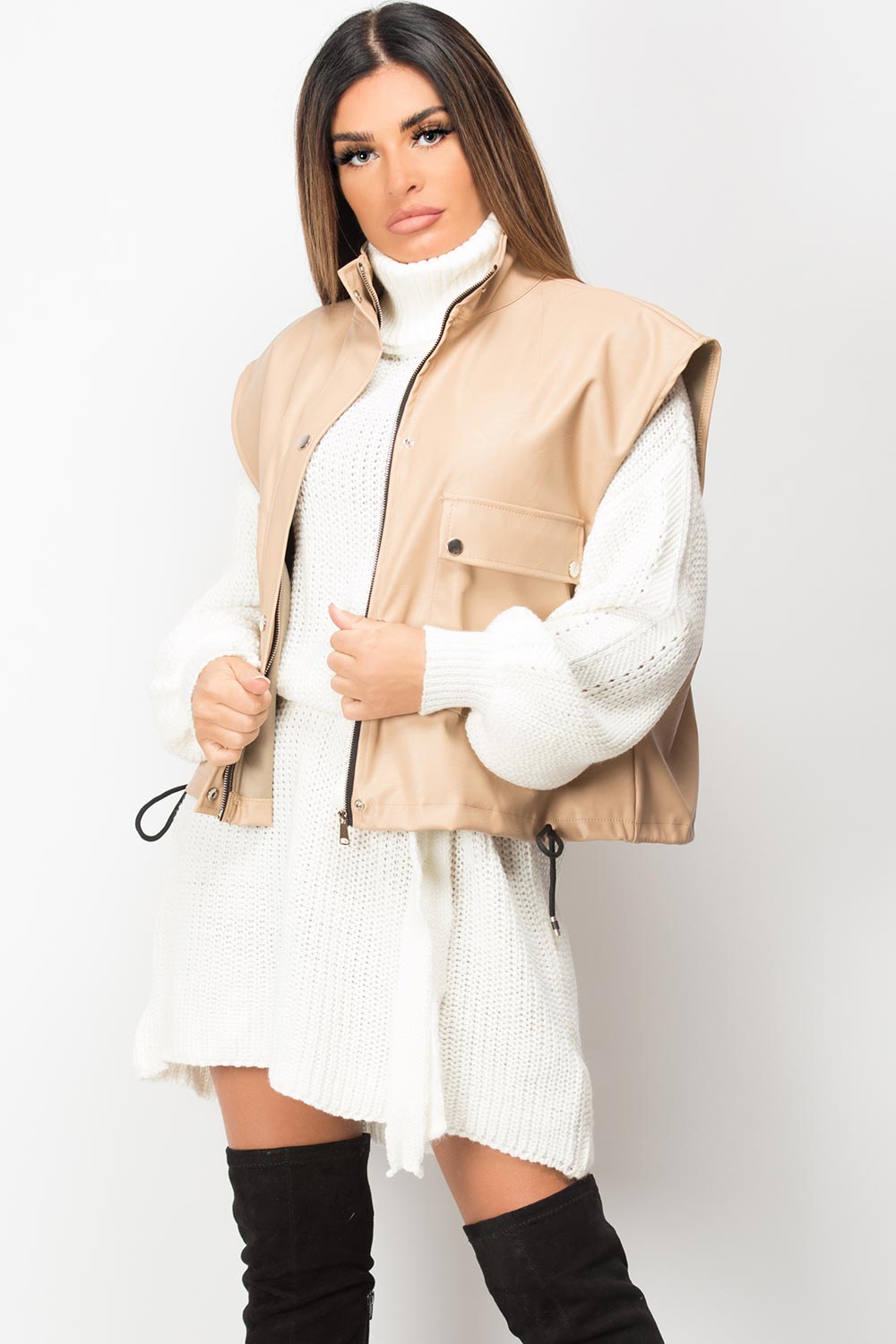 beige sleeveless faux leather jacket