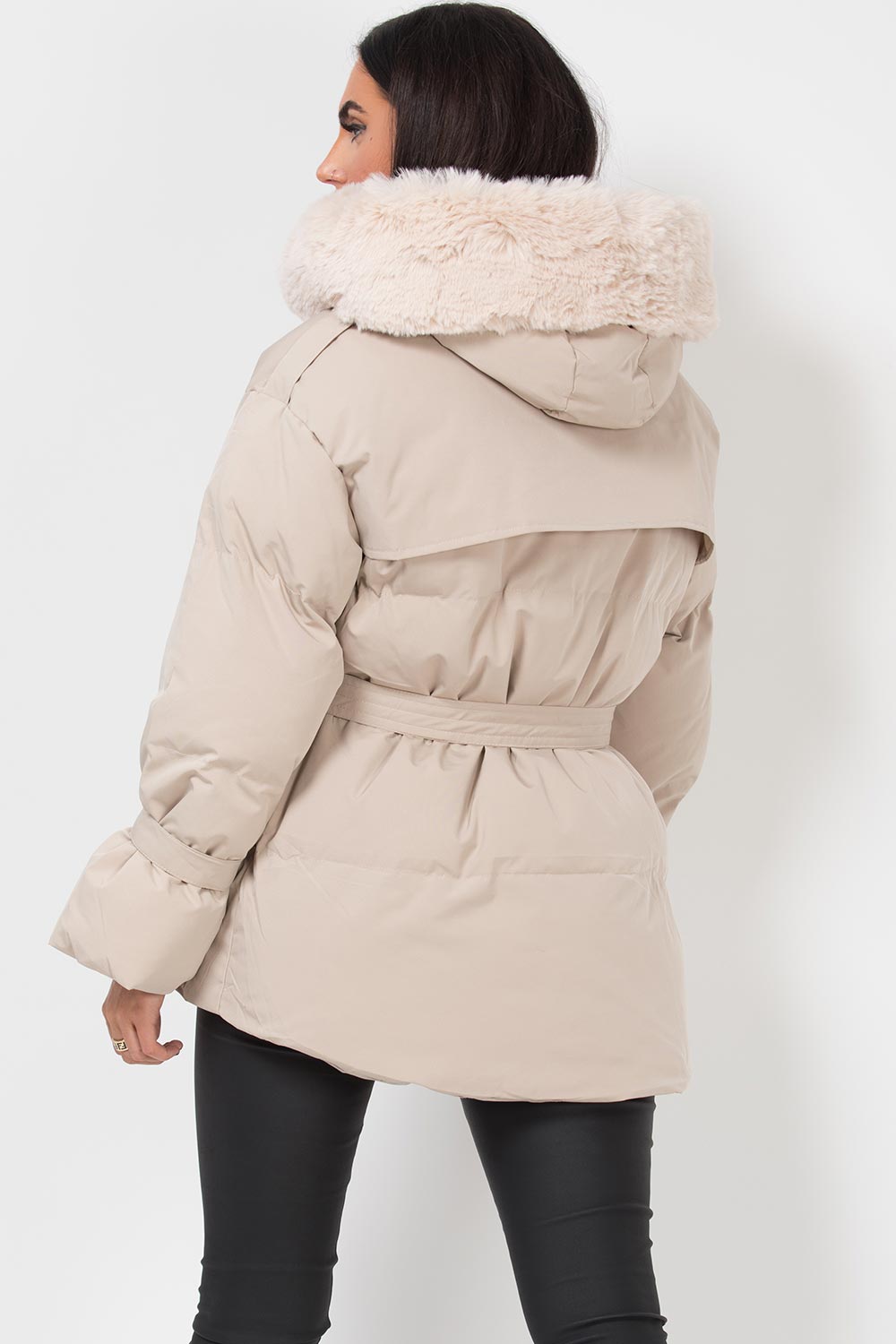 fur hood beige puffer coat womens