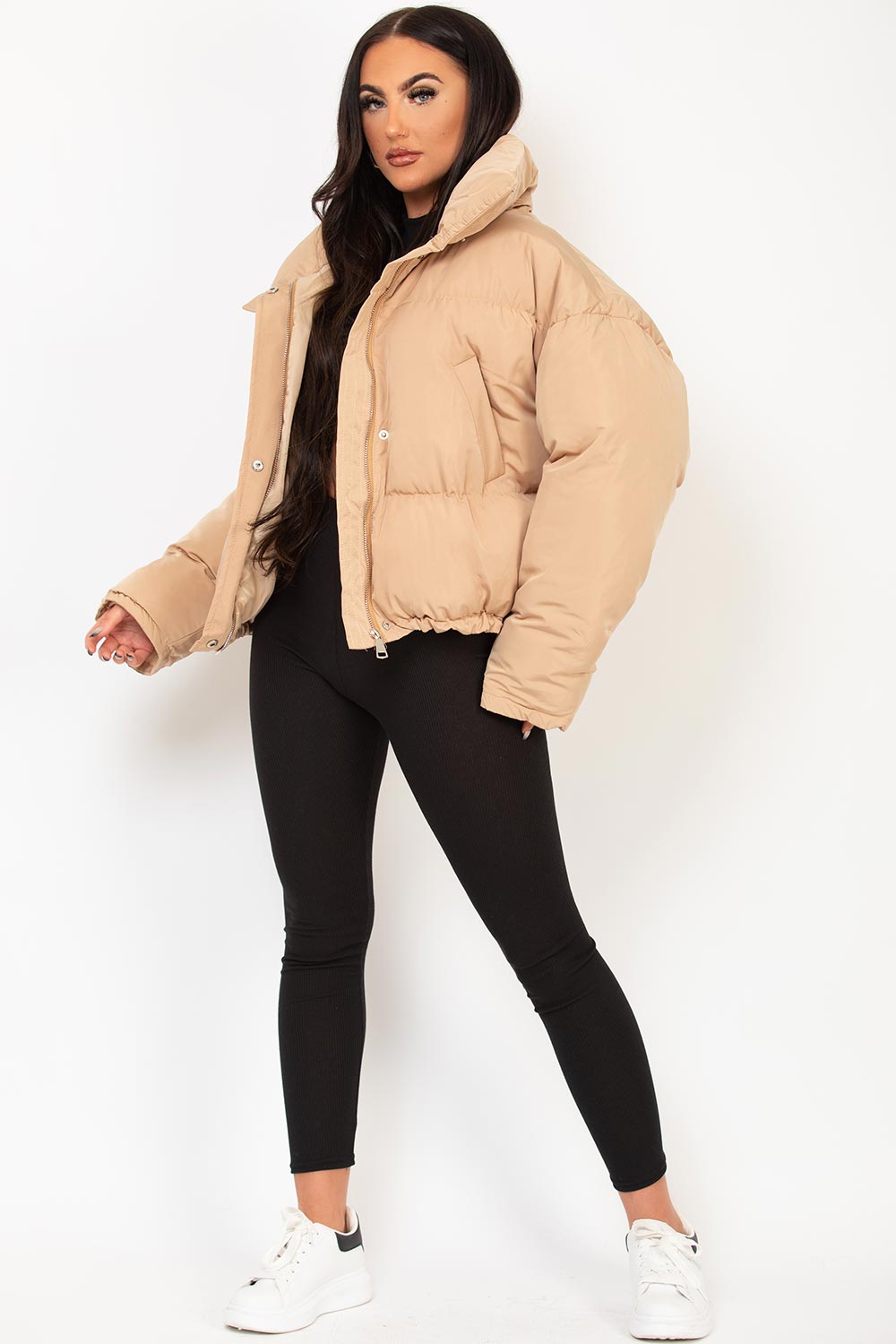 womens puffer jacket with drawstring hem