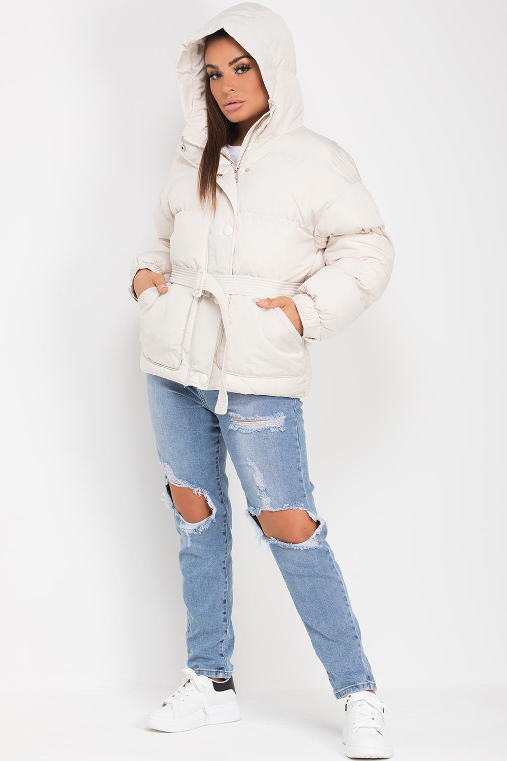 puffer padded coat with belt