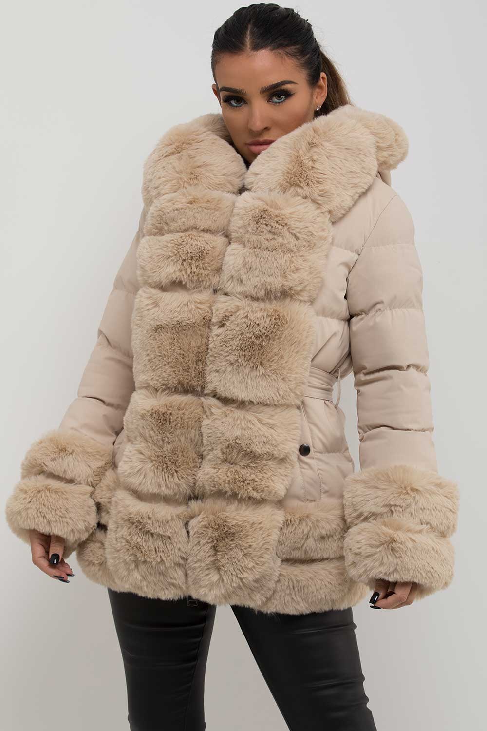 puffer jacket with fur hood cuff and trim with belt