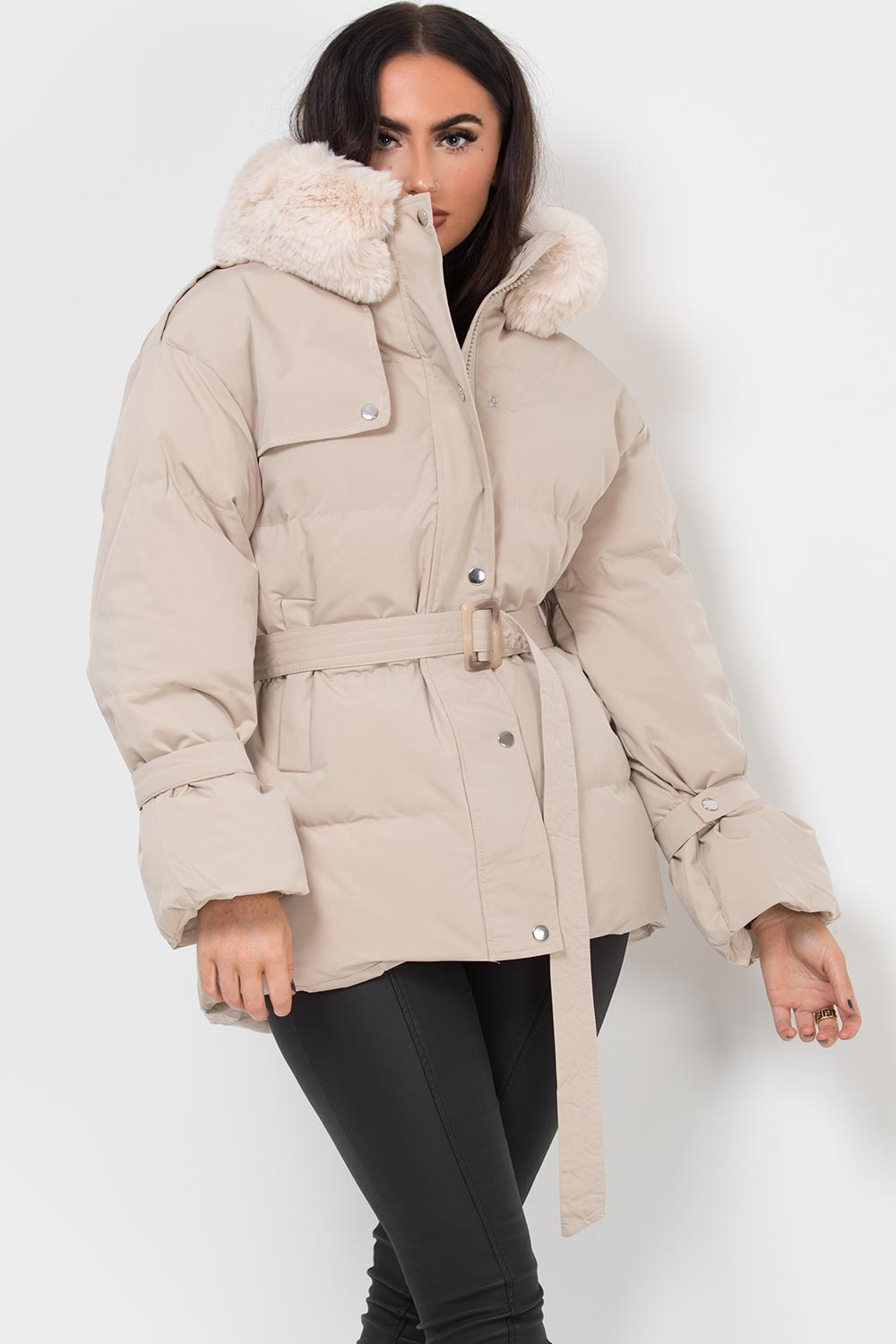 padded puffer coat beige womens
