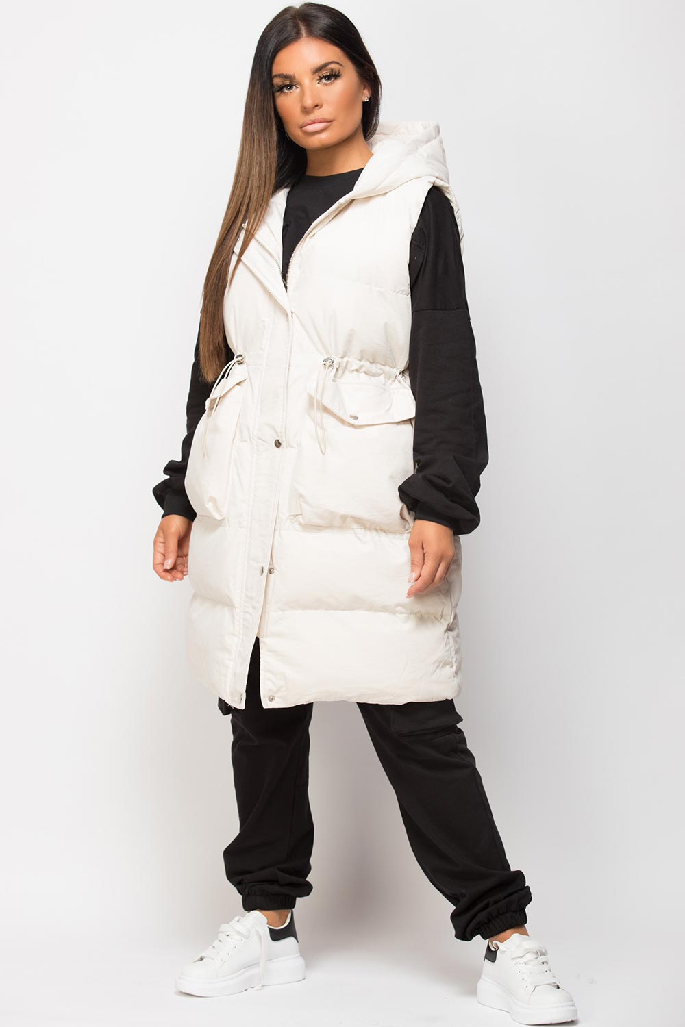 padded longline gilet with drawstring waist beige