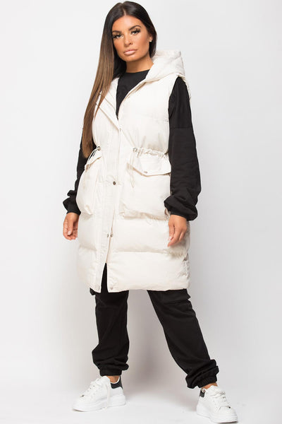 Womens Padded Puffer Longline Gilet With Drawstring Waist Beige