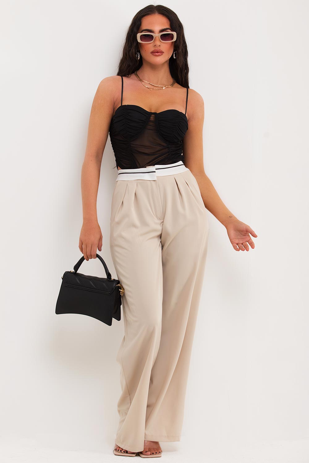 wide leg reverse waistband trousers