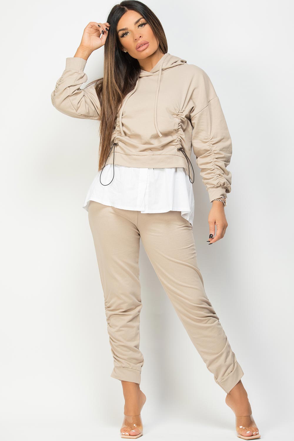 ruched hooded shirt top and trousers set