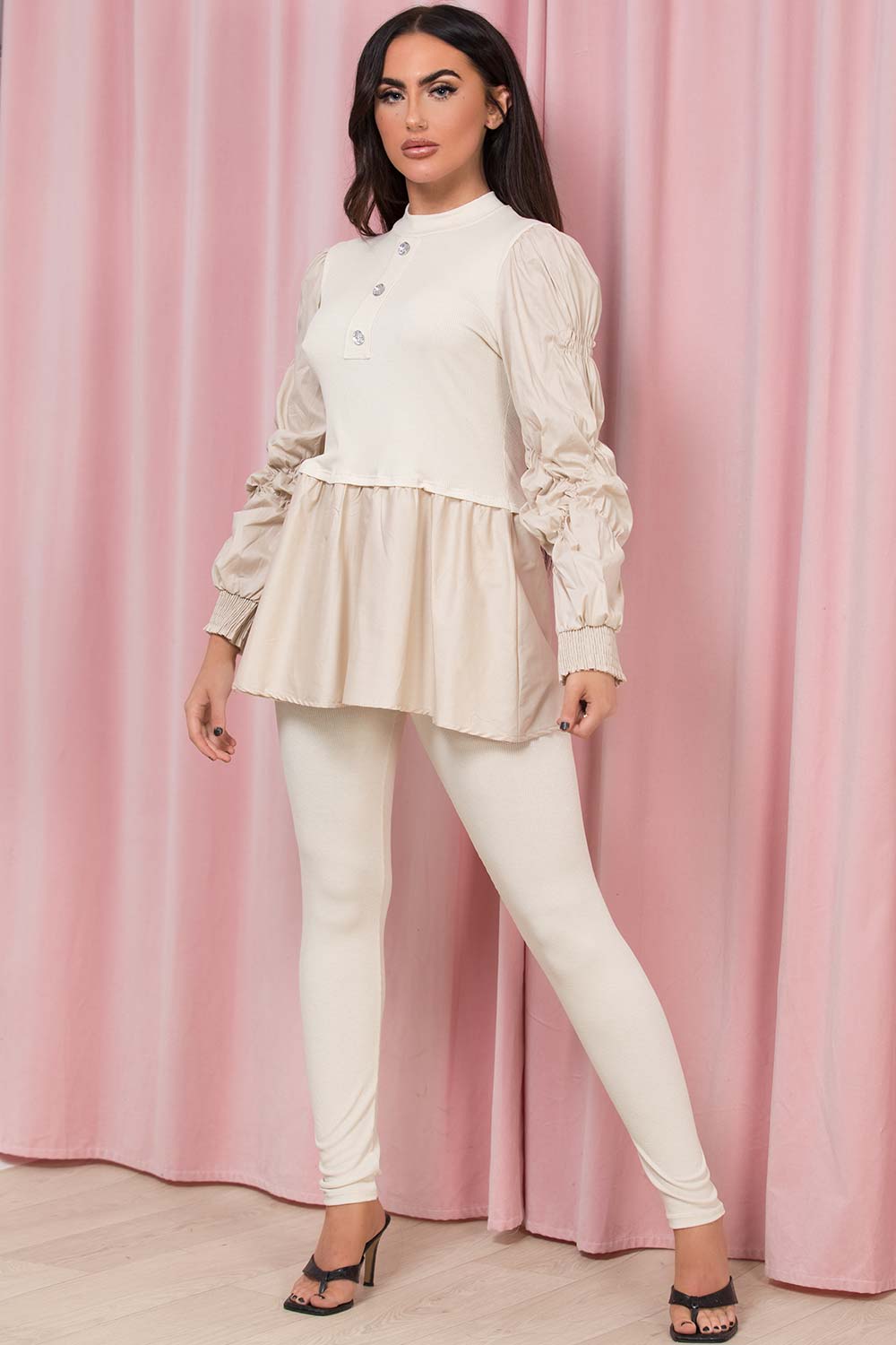 frill peplum hem ruched sleeve jumper ribbed leggings two piece set