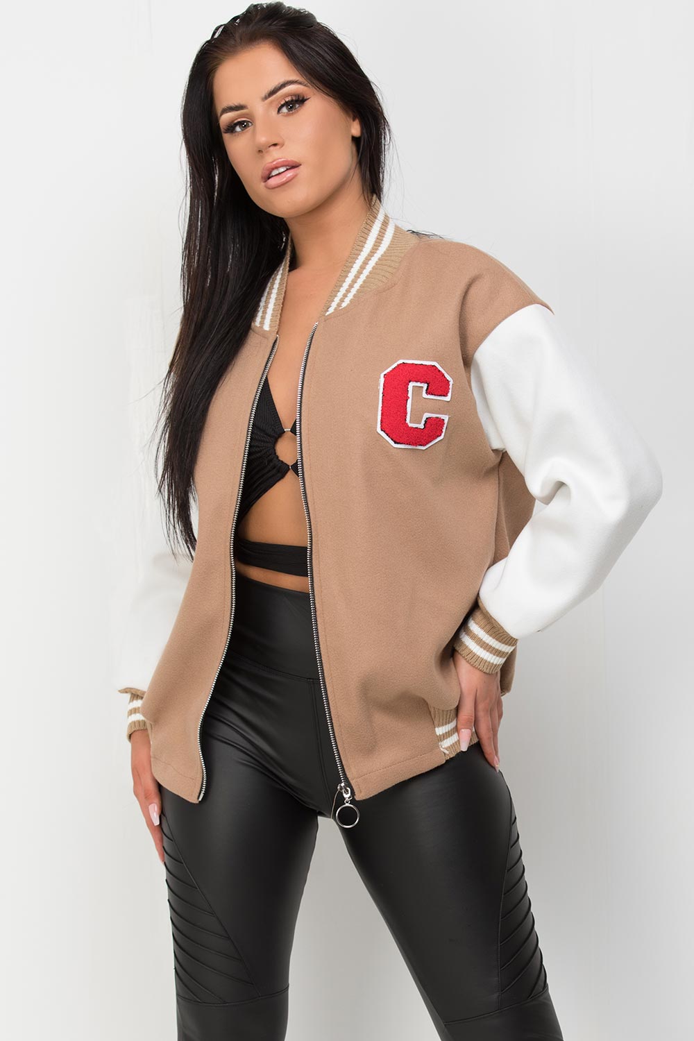 varsity bomber jacket beige