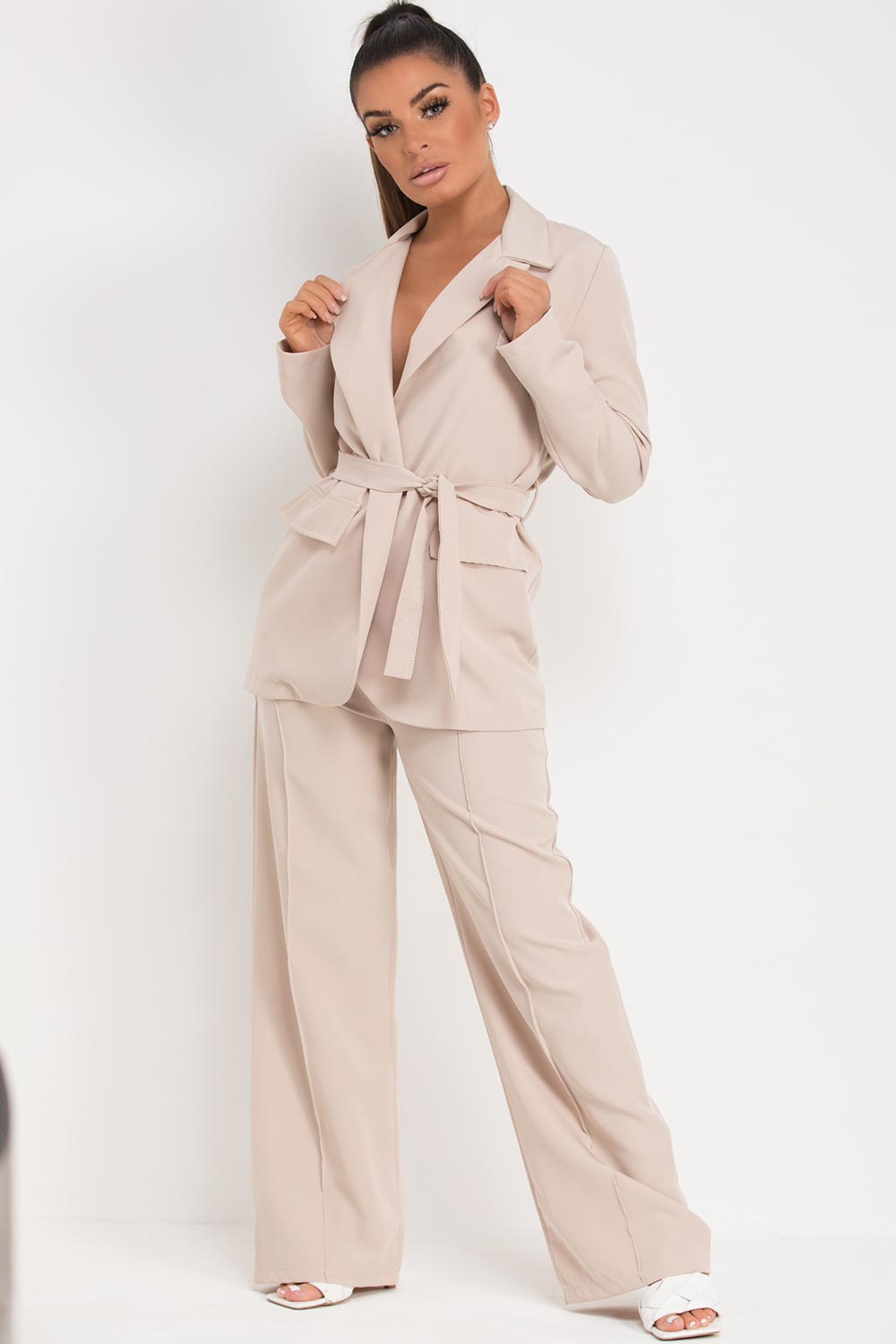 wide leg trousers and blazer with belt co ord set