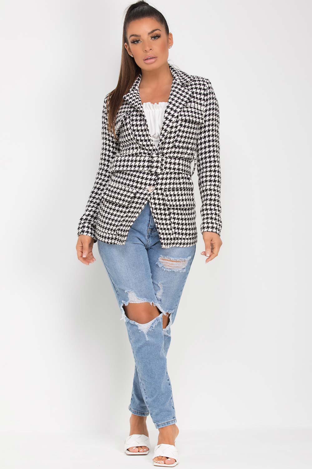 womens tweed belted blazer black white
