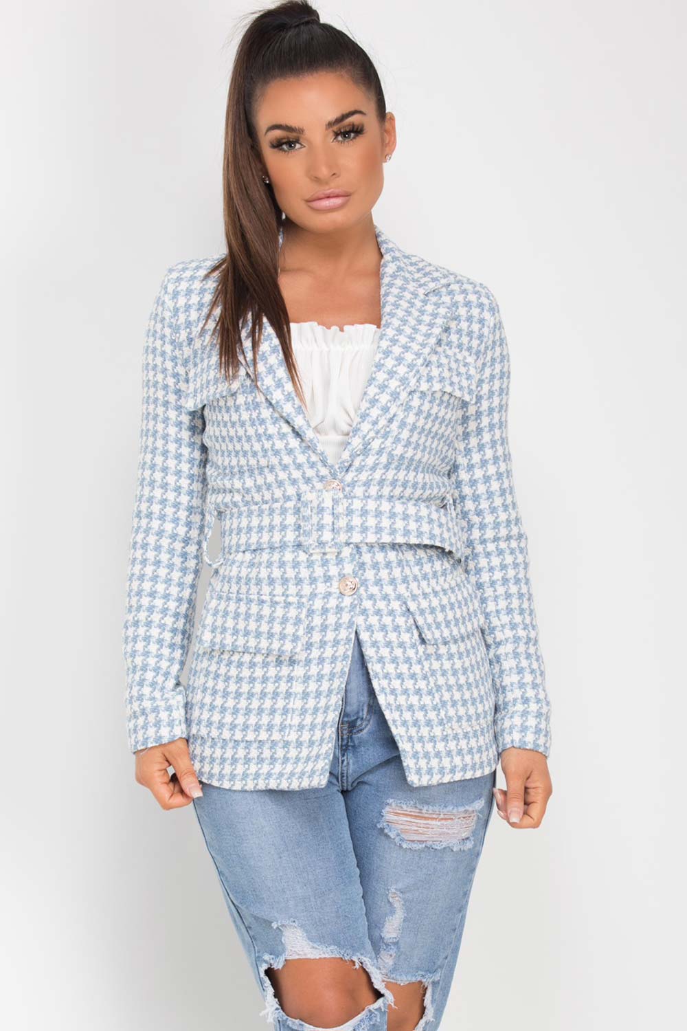 sky blue hounds tooth tweed blazer