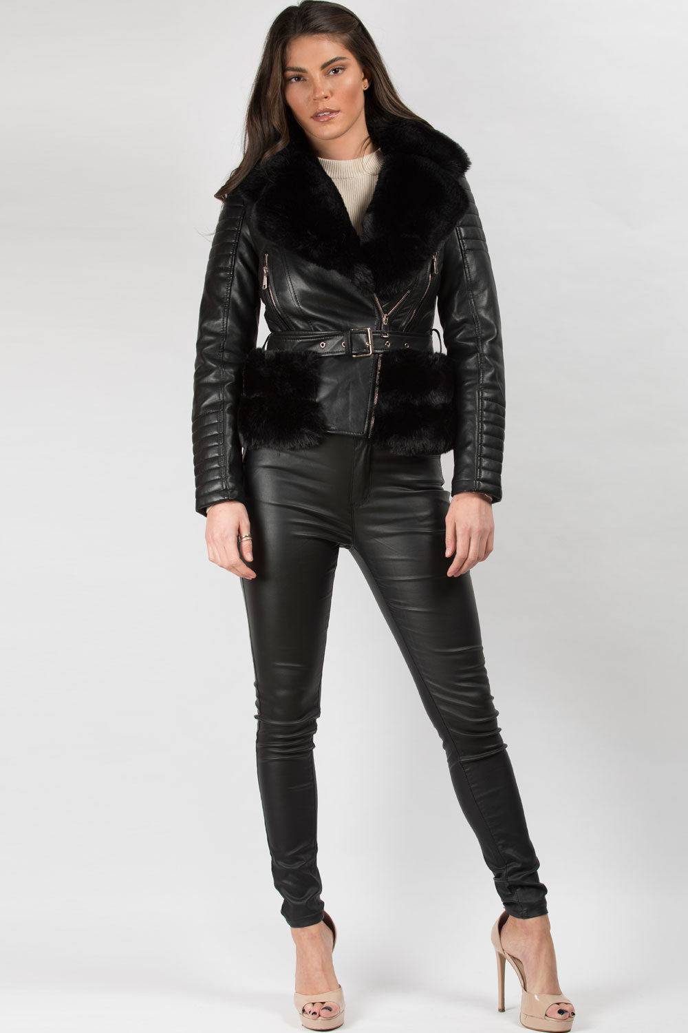 black biker belted jacket with faux fur trim on sale uk
