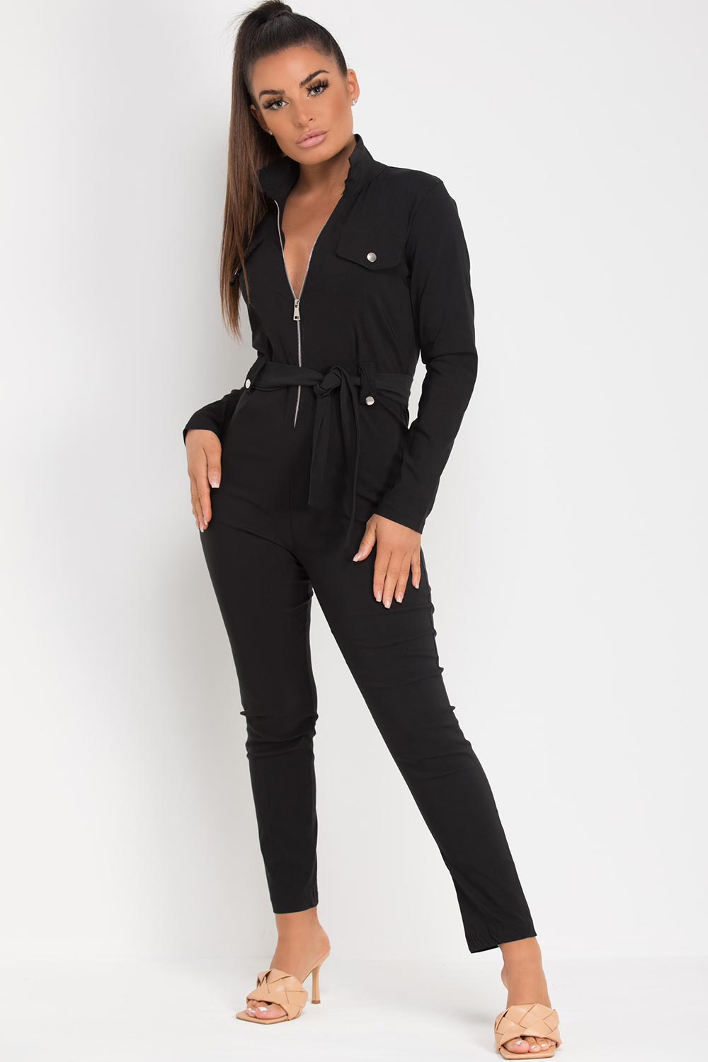 black long sleeve jumpsuit with belt