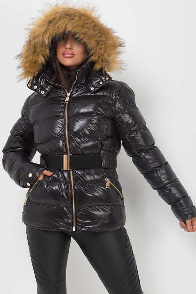 Padded Jacket Black Glossy Jacket With Fur Hood Shiny Black Coat