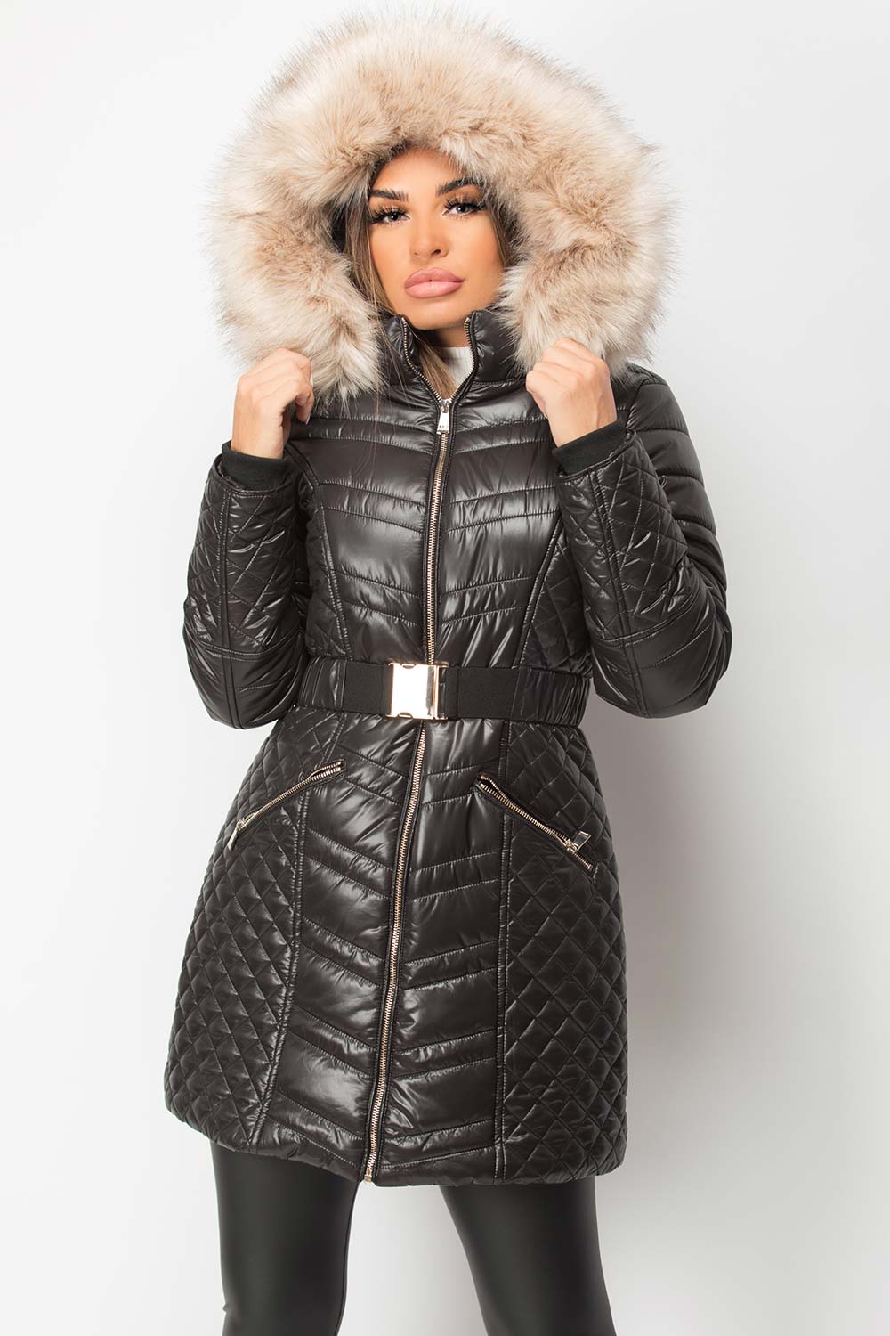 womens long padded puffer coat black