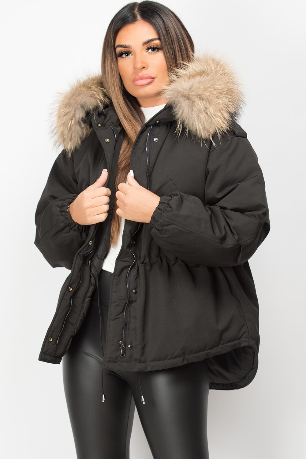 real fur hooded parka coat black