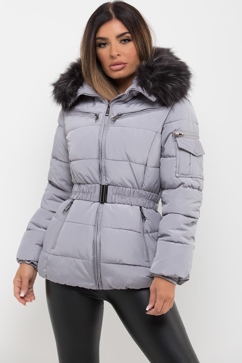 faux fur hood puffer jacket with belt