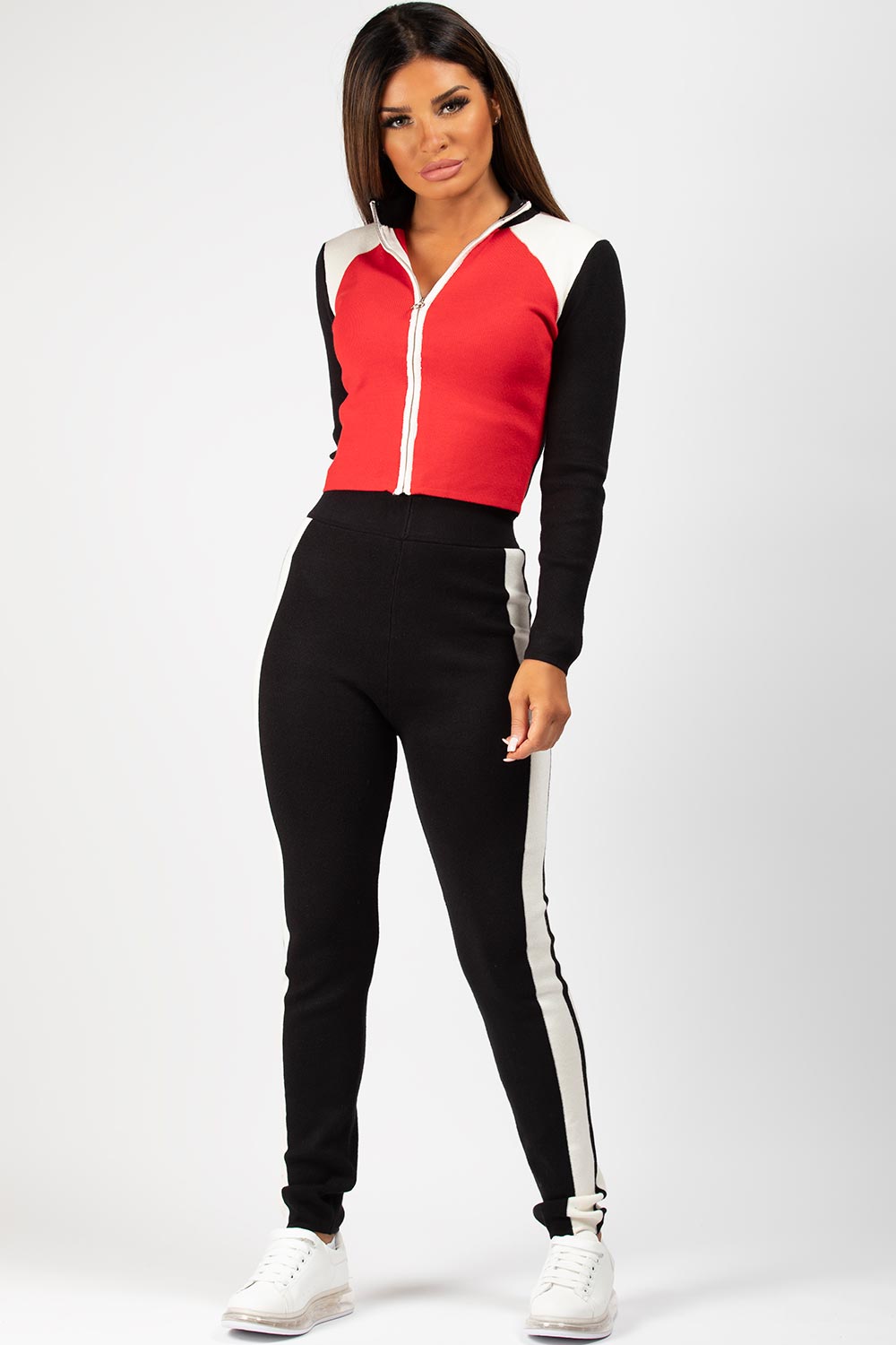 black and red ribbed lounge set