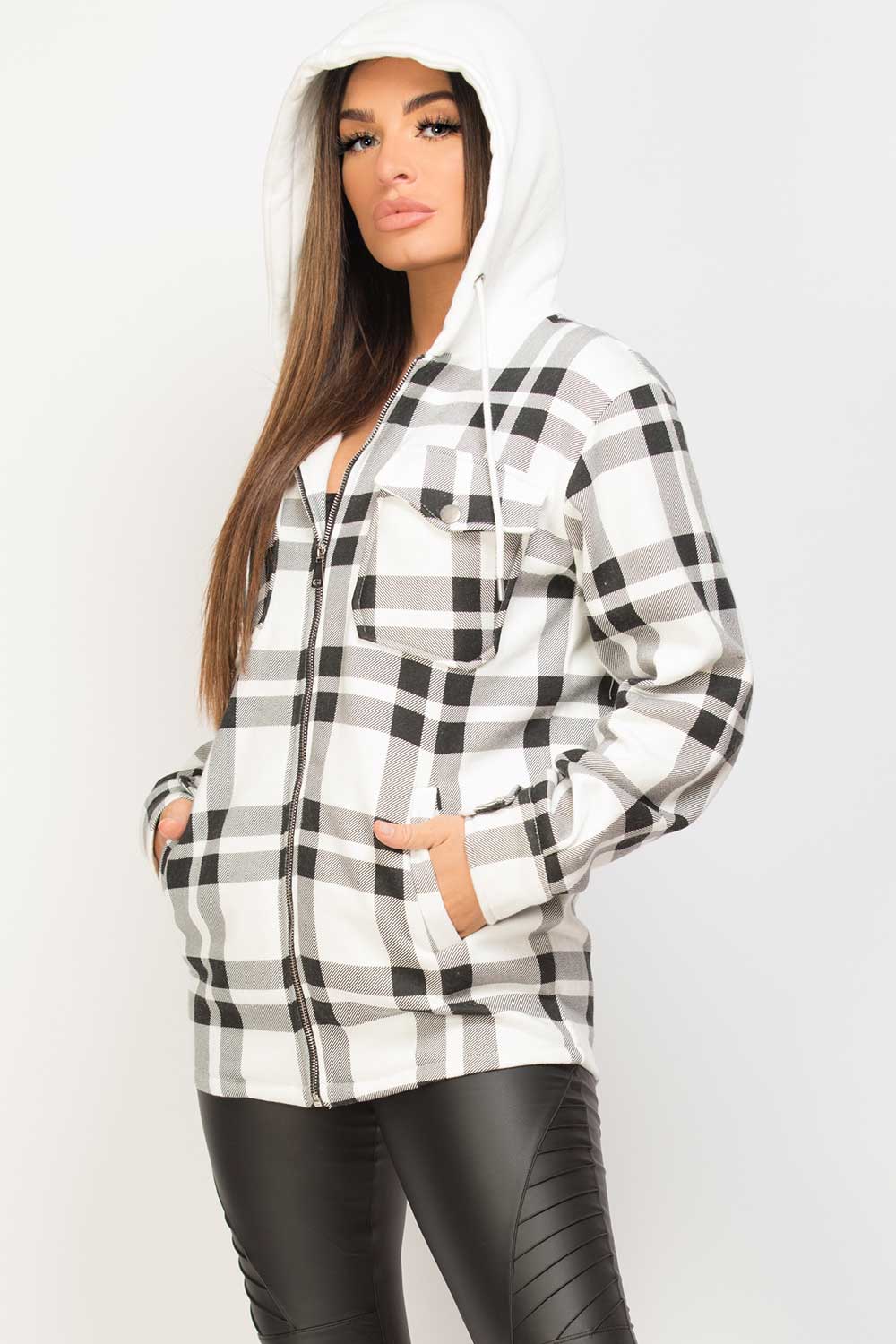 hooded shacket black and white