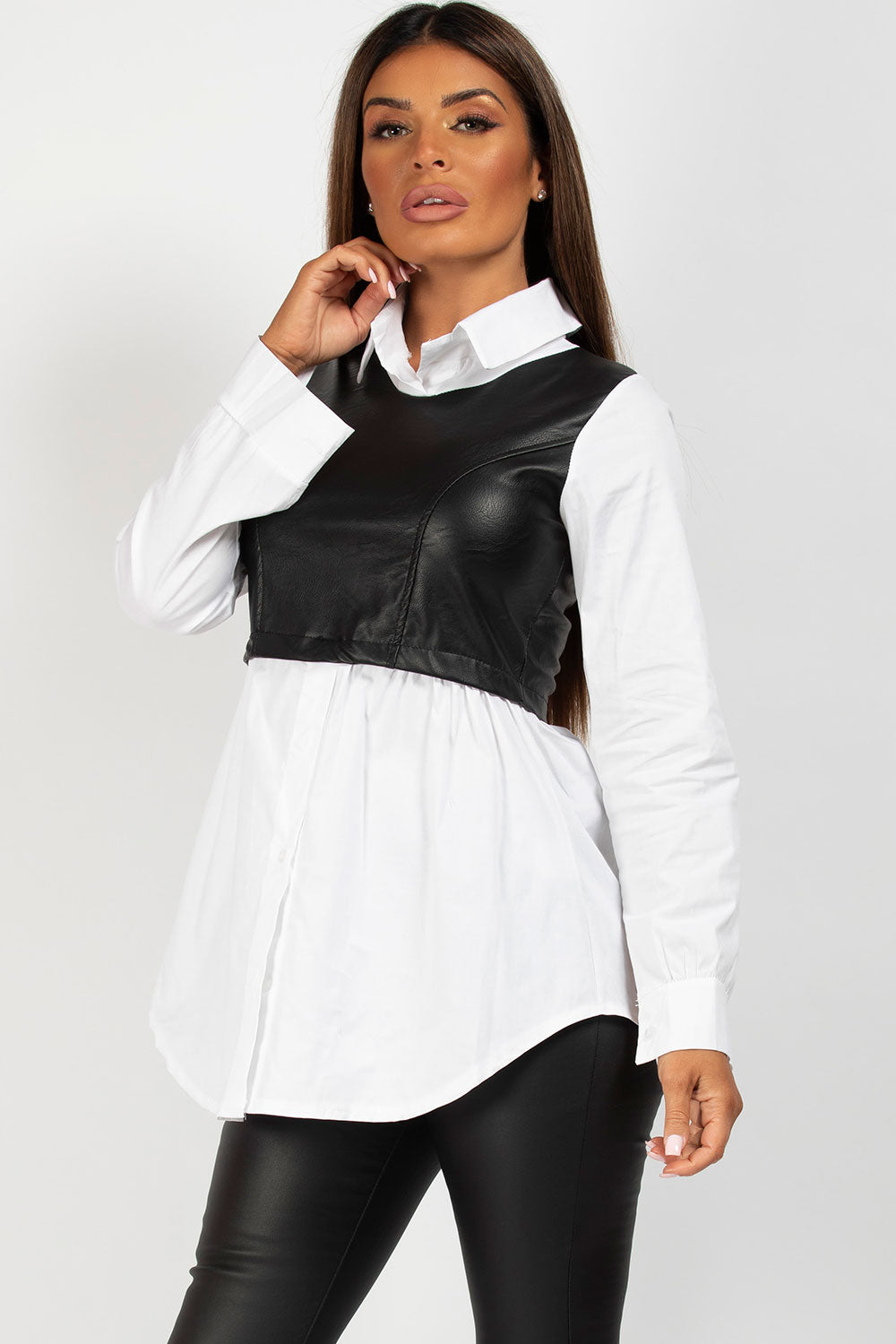 black and white pu panel shirt