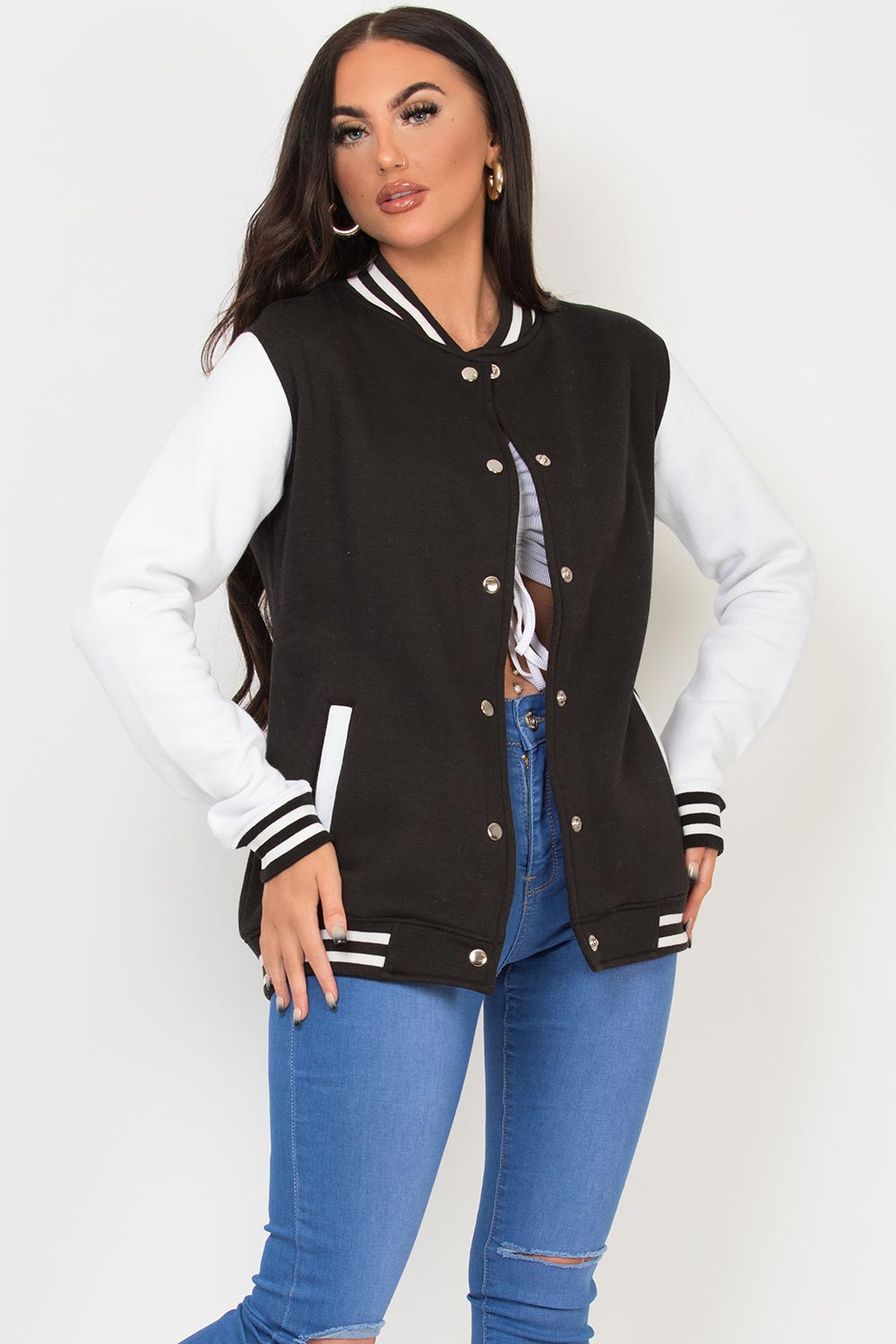bomber baseball jacket black and white