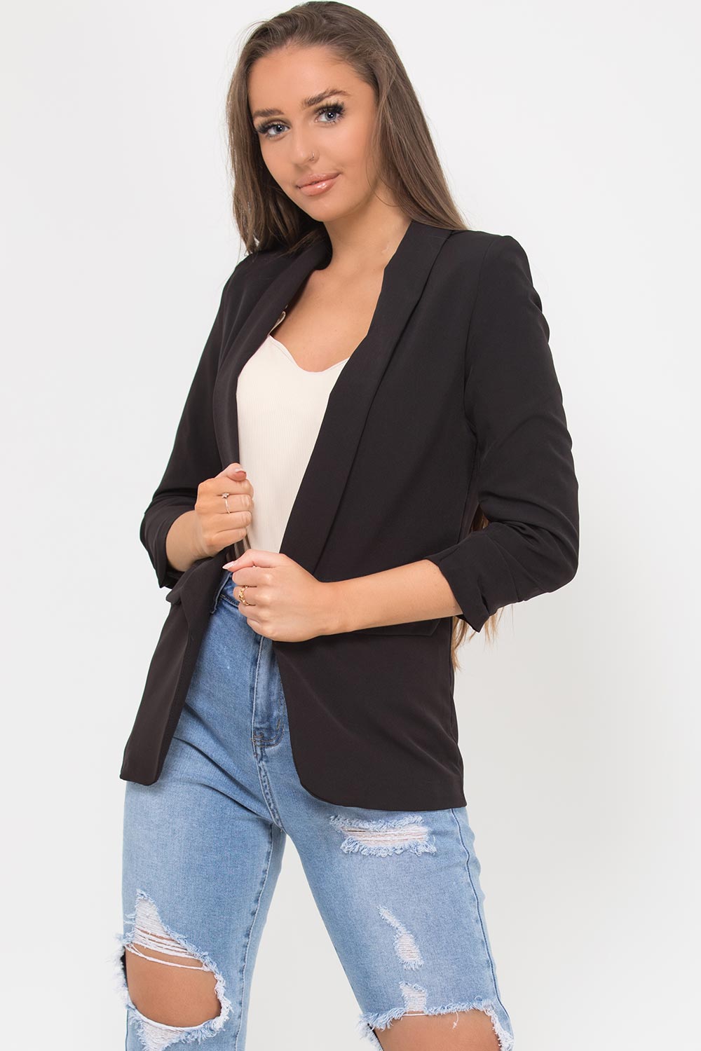 ruched gathered sleeve blazer black