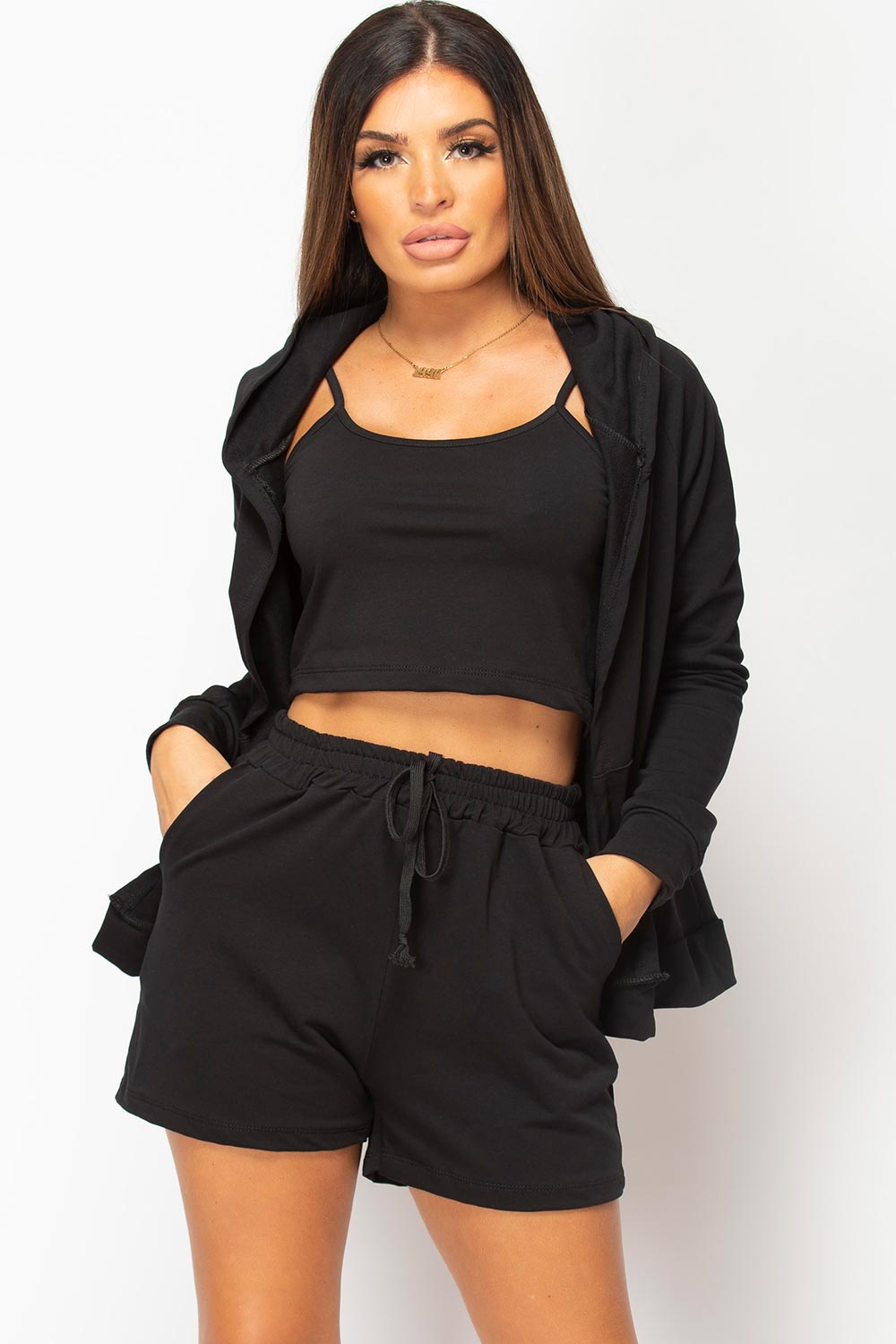 black three piece lounge set womens