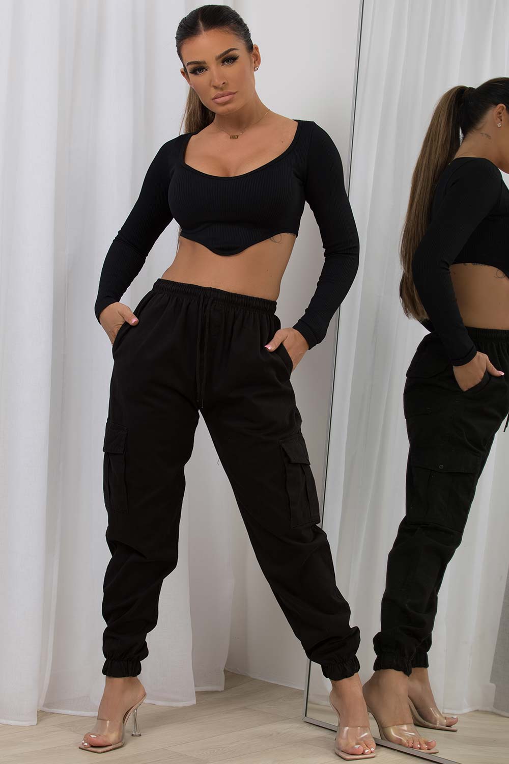 womens black cargo trousers pretty little thing