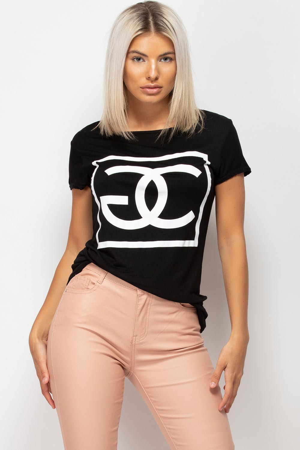 womens black t shirt with cg slogan
