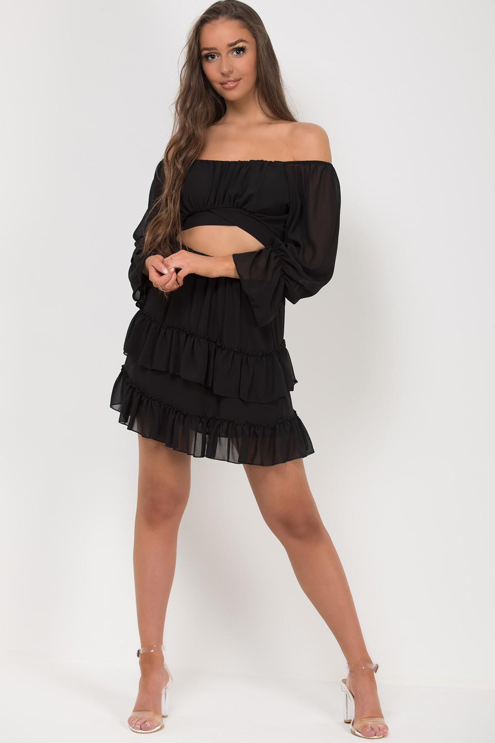 cross over top skirt two piece set black