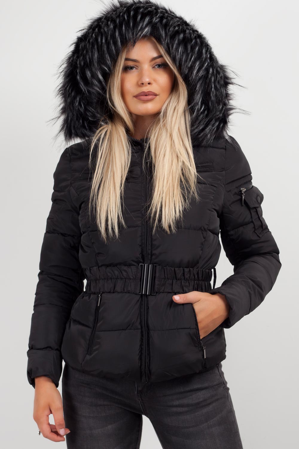 chunky faux fur hooded puffer coat black