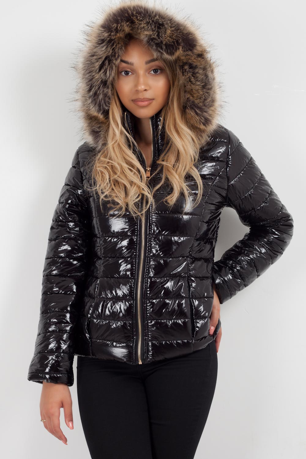 shiny puffer jacket with fur hood styledup fashion