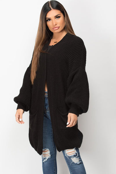 Womens Black Long Cardigan Oversized Balloon Sleeve Chunky Knit