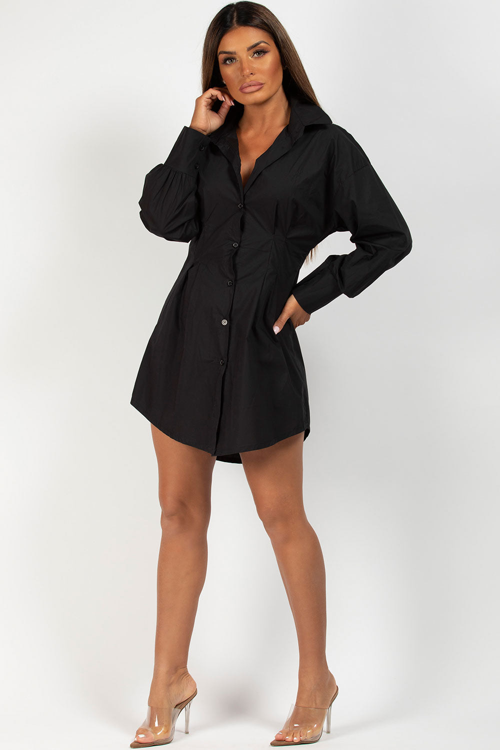 black long sleeve tight waist shirt dress