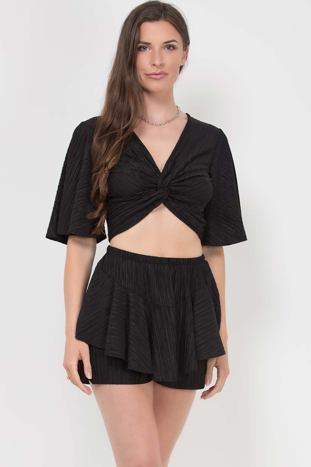crinkle skorts and v neck top set black