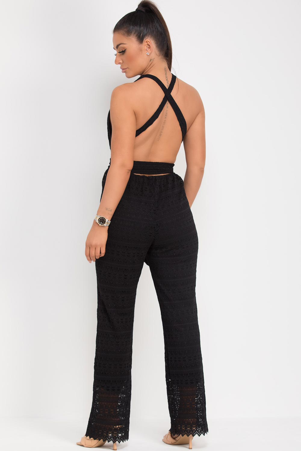 crochet black wide leg bodysuit
